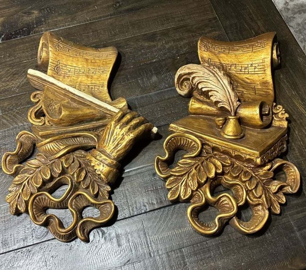 Vintage 1968 Universal Statuary Corp Gold Musical Wall Plaque Pair, 18”